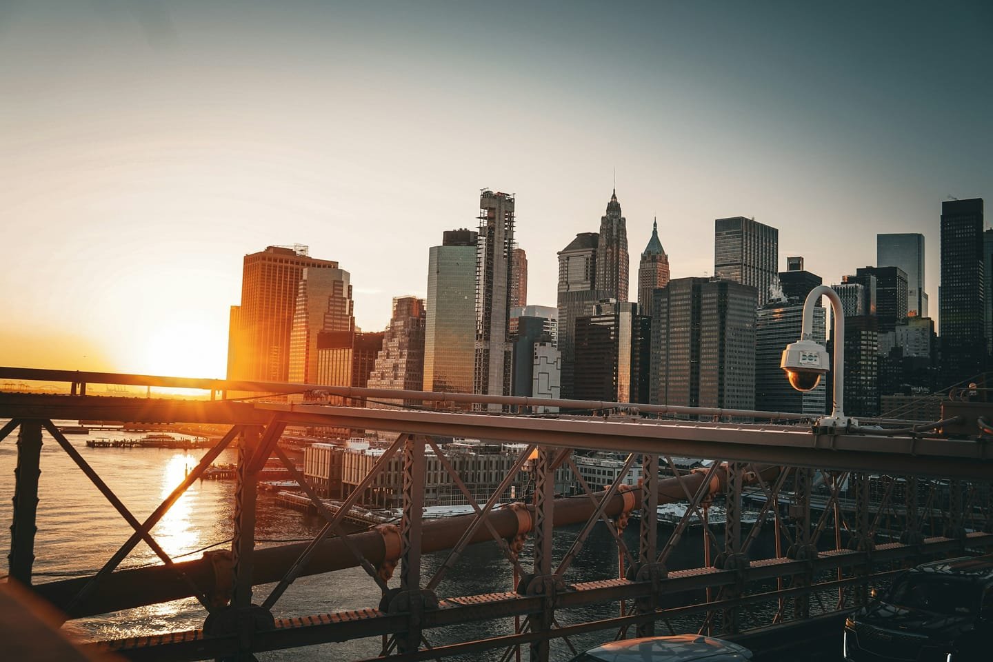 The Manhattan skyline at sunset, seen from the Brooklyn Bridge